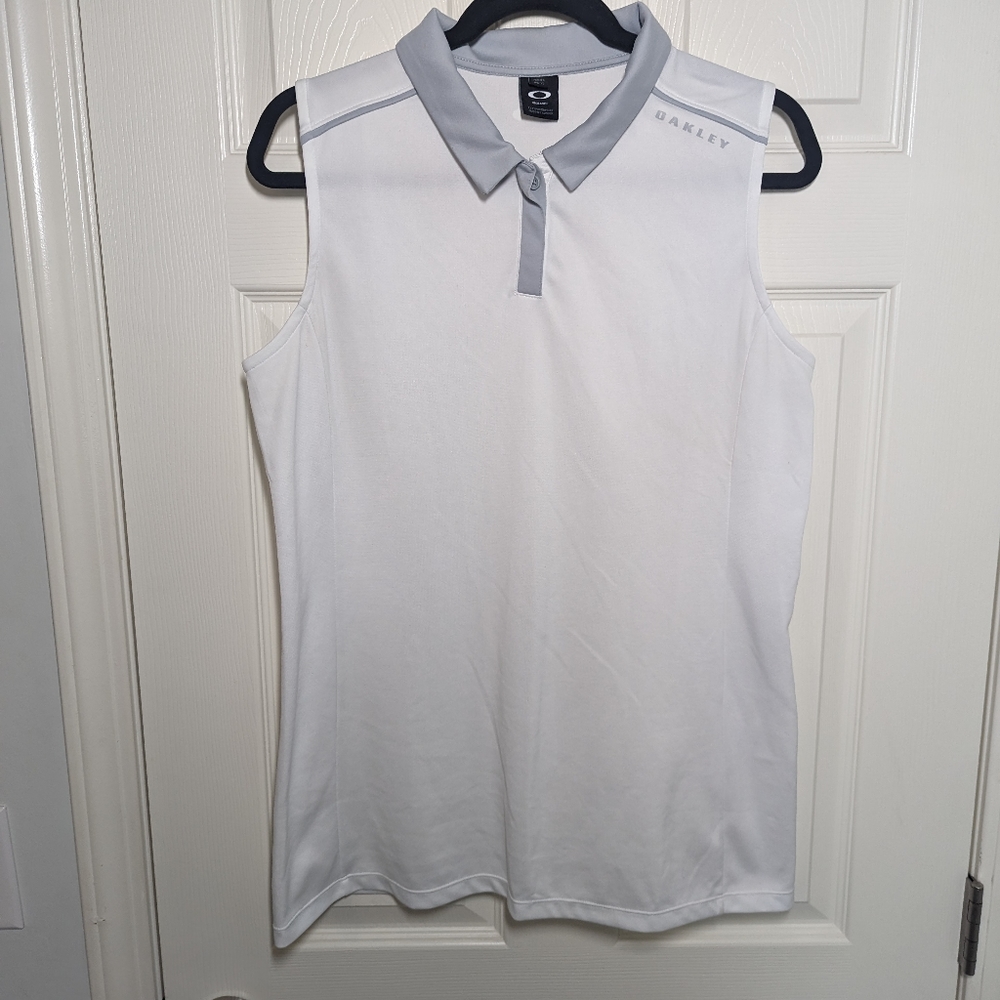 Sleeveless white Oakley golf polo